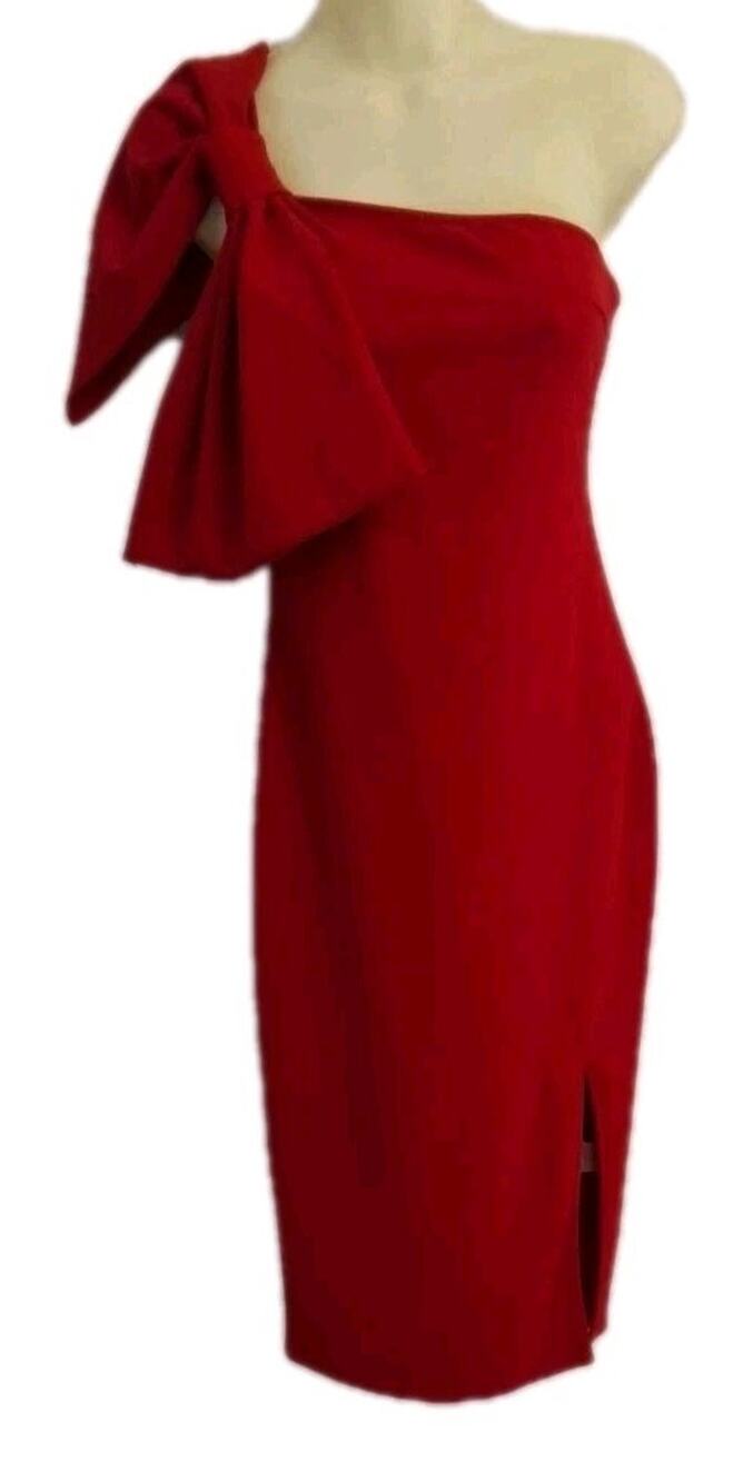 SHEIN Red Bow Dress One shoulder Cut OUT 8-10 Side Split